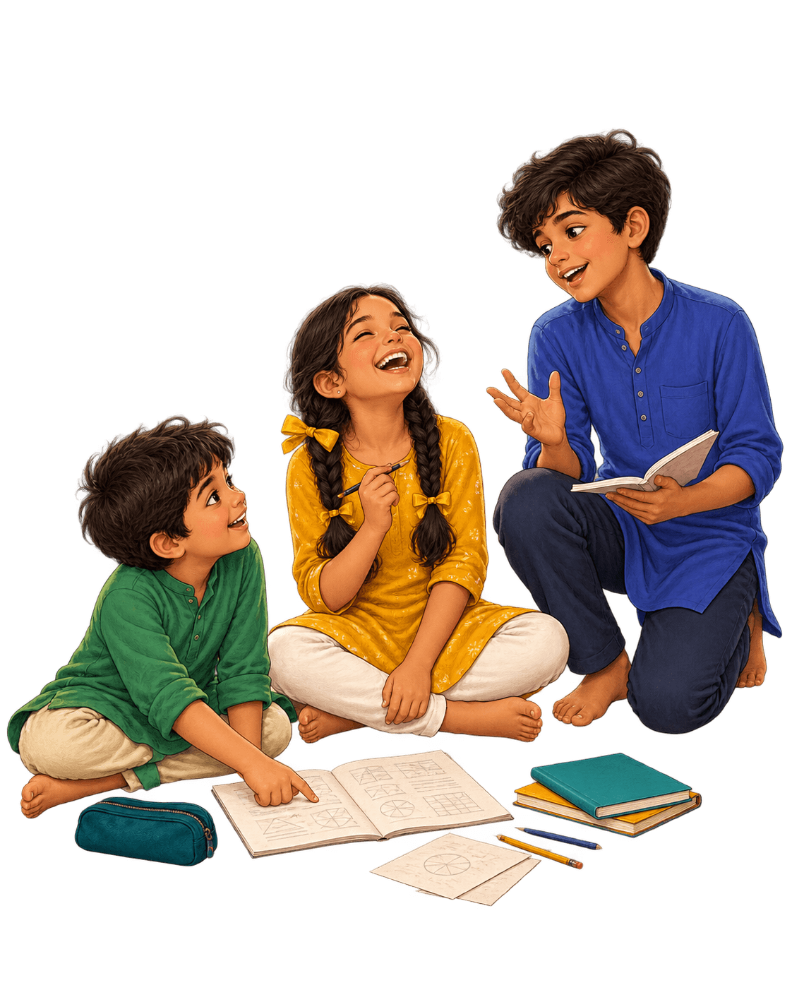 Three children sitting on the floor together over an open workbook, mid-conversation and laughing.