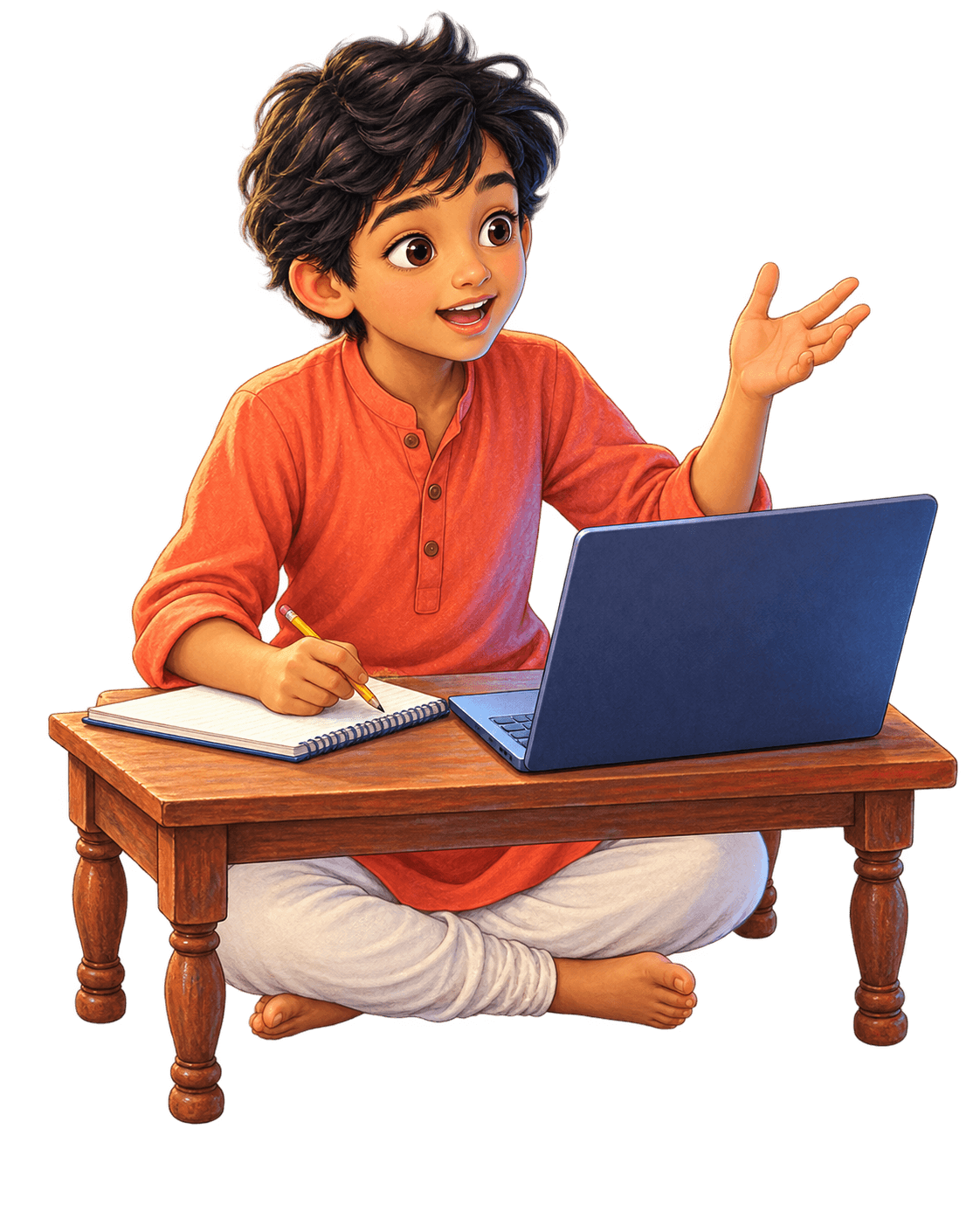 A boy at a low wooden table with a laptop, one hand raised, answering in a live class.