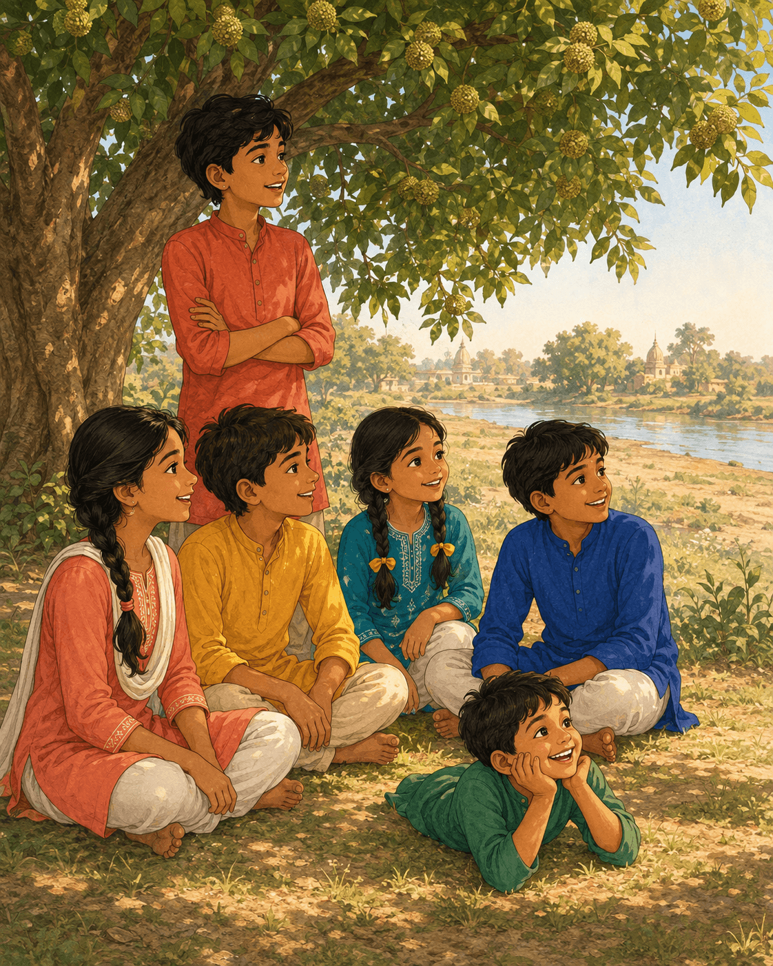 Children sitting together on the grass under a kadamba tree at a camp in Braj.