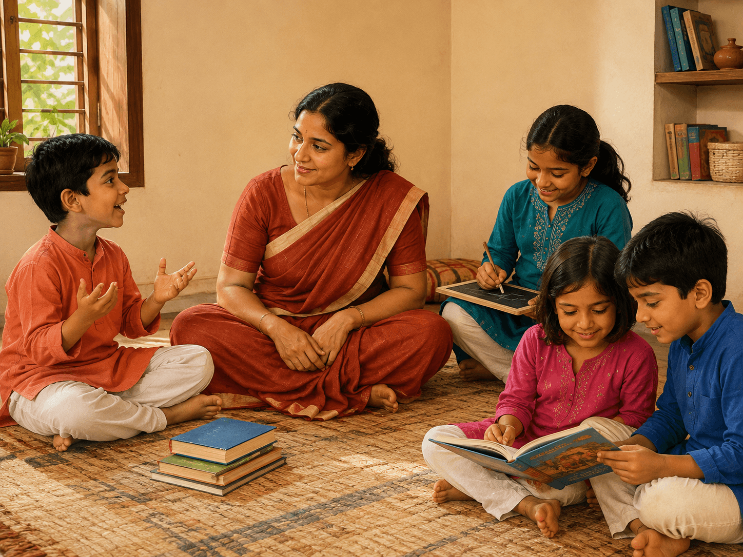Four children and a woman sitting together on a mat on the floor of a home, one child reading aloud.