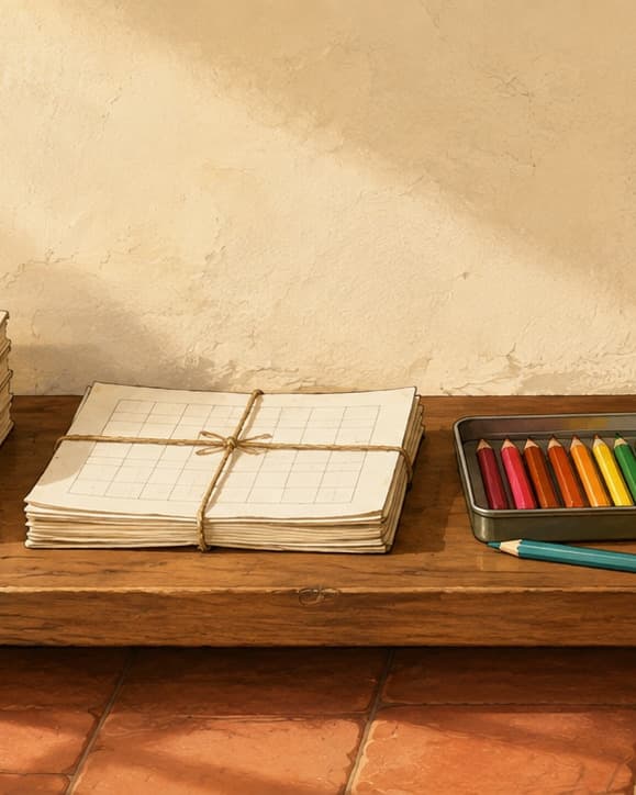 A bundle of printed activity sheets tied with string on a wooden bench, beside a tin of coloured pencils.