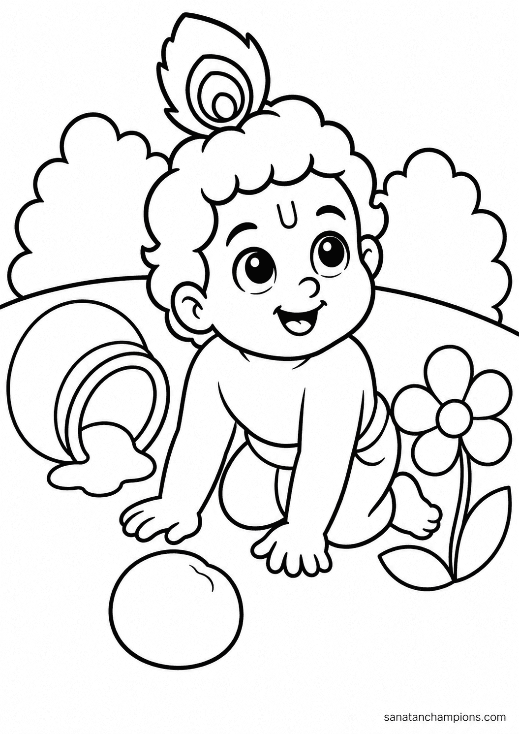 Krishna Crawling After the Butter — an illustrated colouring page, ages 4–6. Opens its page.