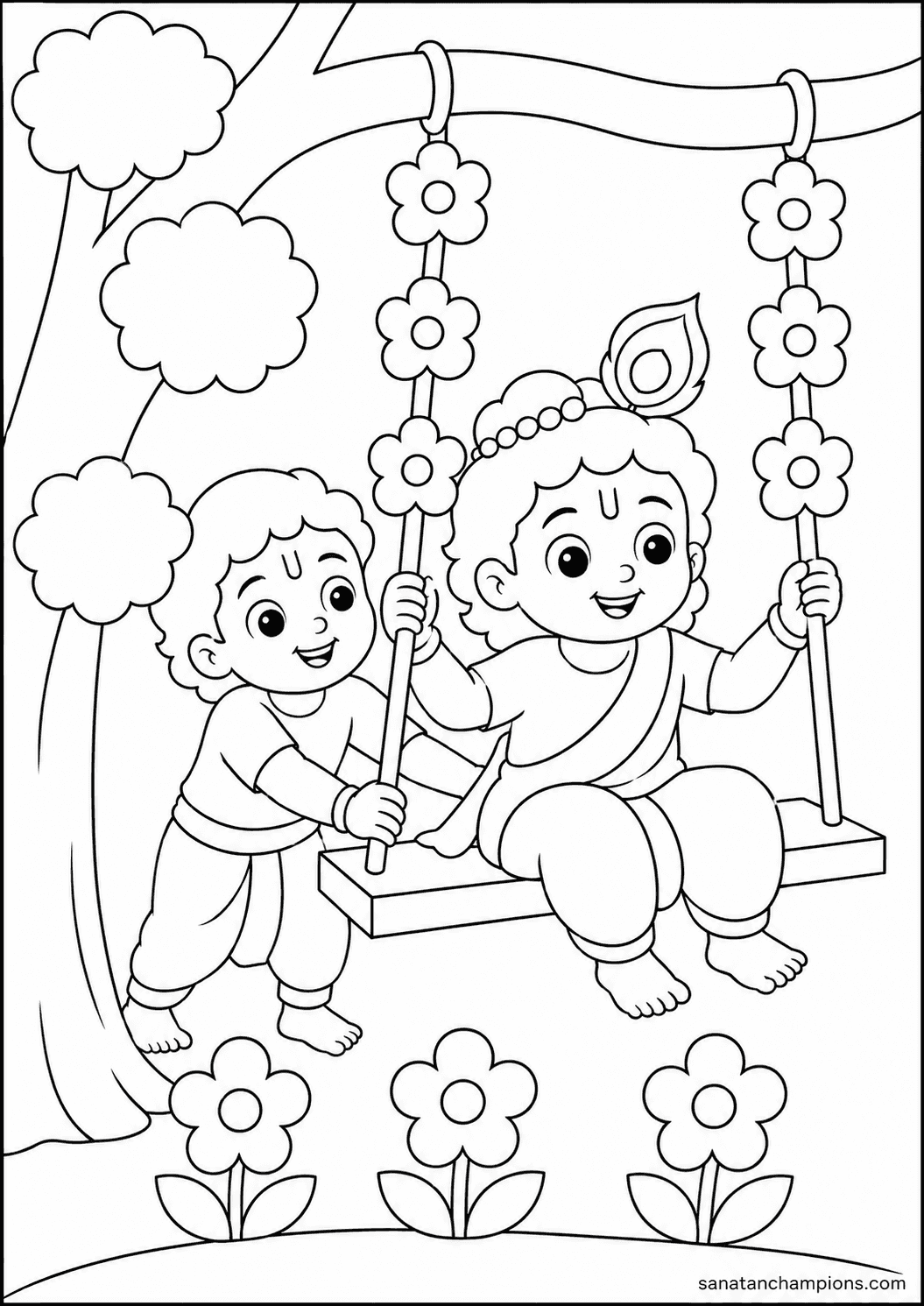 The Swing — an illustrated colouring page, ages 7–9. Opens its page.