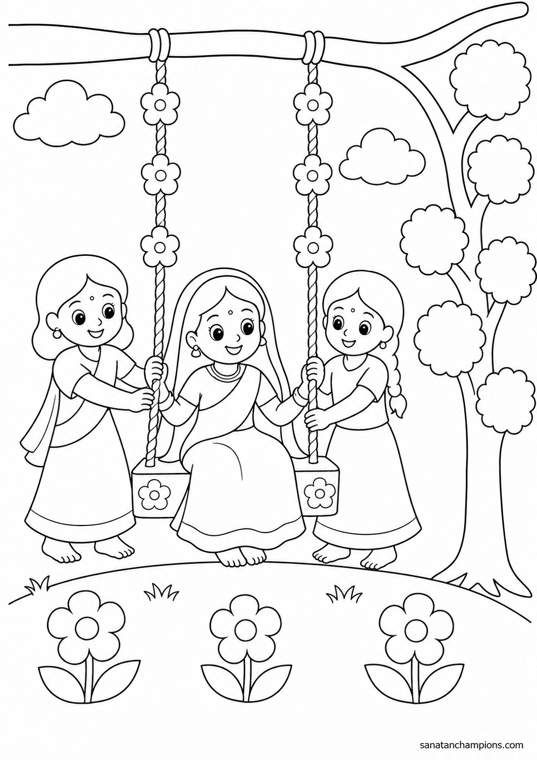 The Swing at Barsana — an illustrated colouring page, ages 7–9. Opens its page.