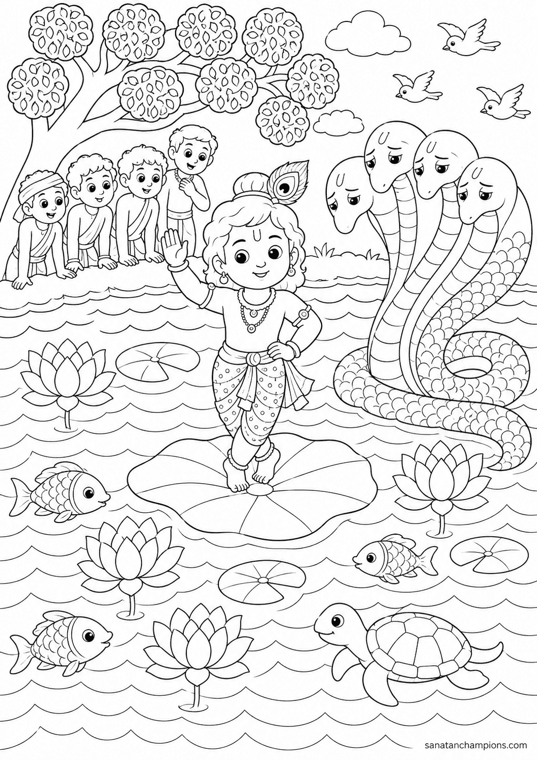 On the River's Surface — an illustrated colouring page, ages 10–14. Opens its page.