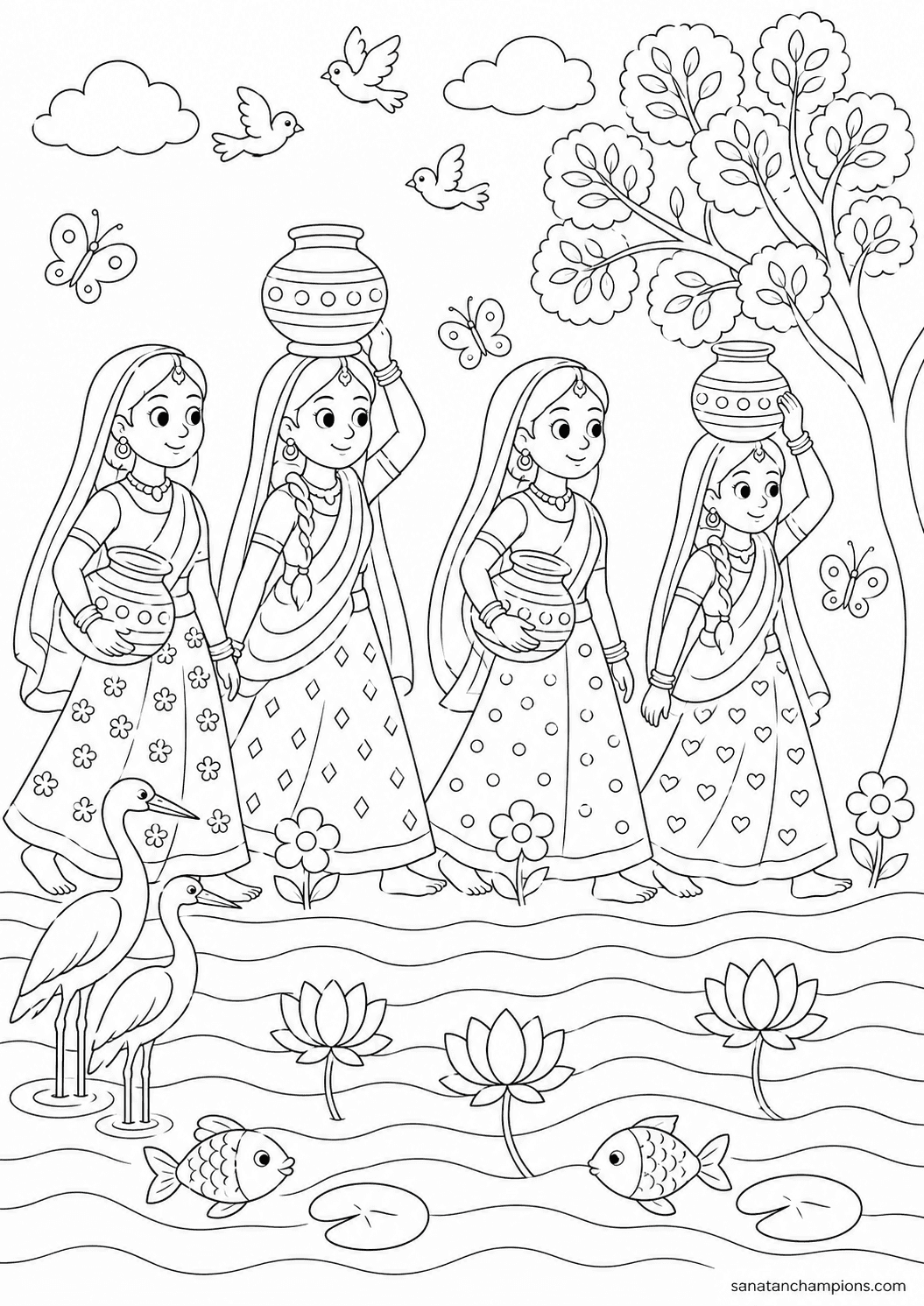 The Gopis at the River — an illustrated colouring page, ages 10–14. Opens its page.