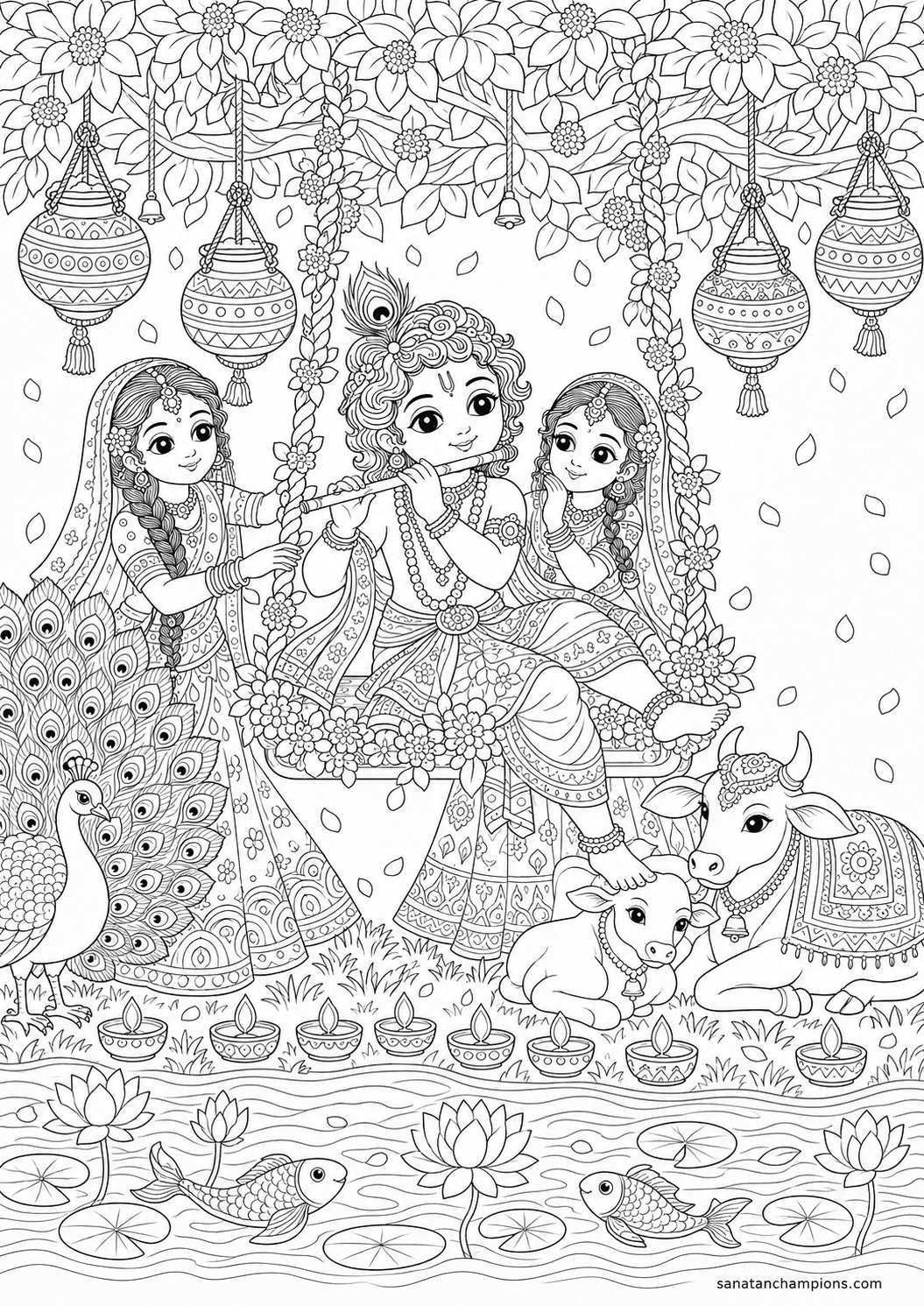 The Swing at Janmashtami — an illustrated colouring page, ages 10–14. Opens its page.