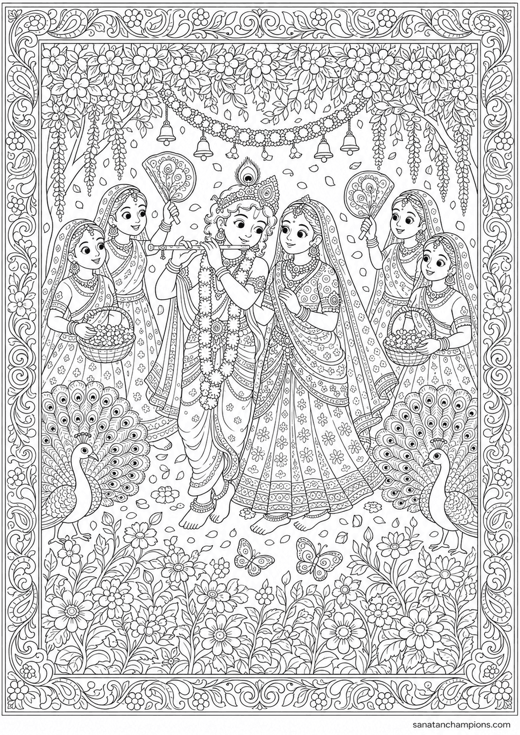 Radha and Krishna in the Grove — an illustrated colouring page, ages 10–14. Opens its page.
