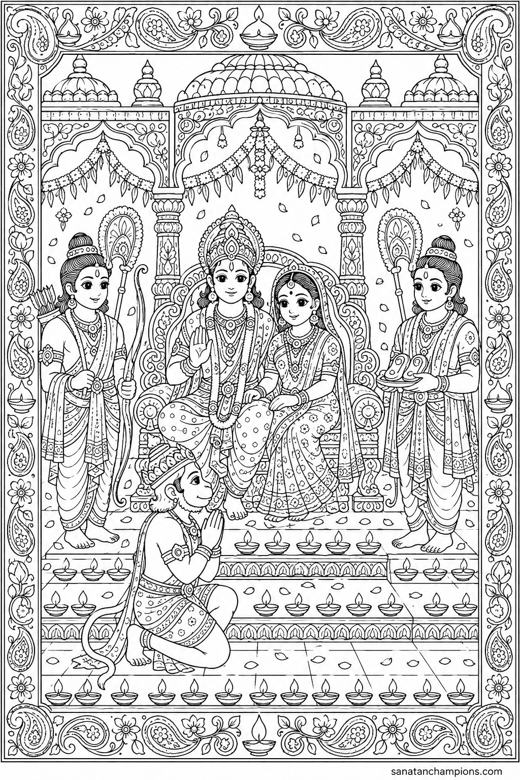 The Return to Ayodhya — an illustrated colouring page, ages 10–14. Opens its page.
