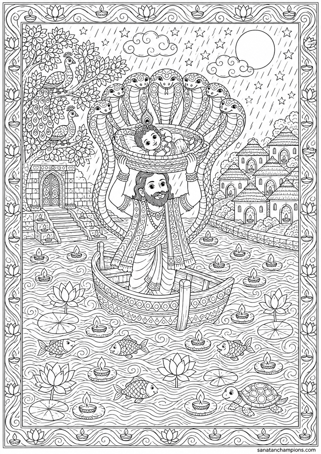 The Yamuna at Night — an illustrated colouring page, ages 10–14. Opens its page.