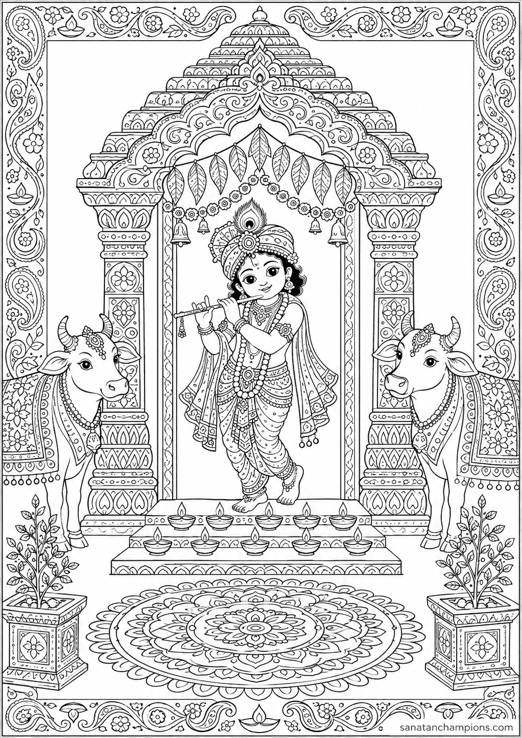 The Temple Door — an illustrated colouring page, ages 10–14. Opens its page.