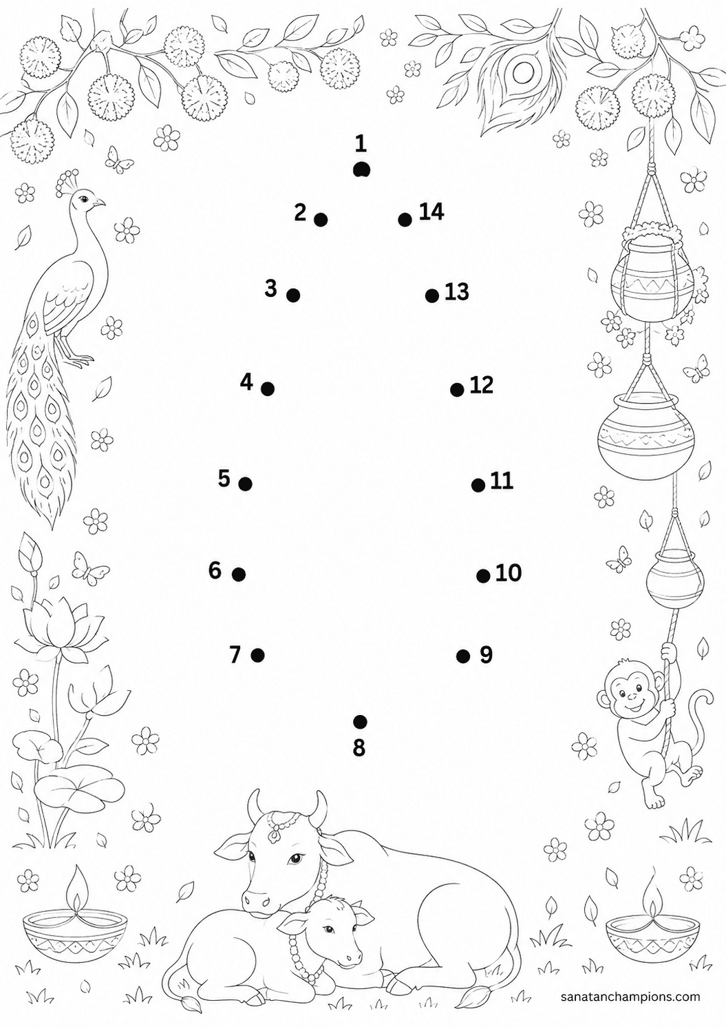 For the child who wants to help with the puja — an illustrated dot-to-dot, ages 4–6. Opens its page.